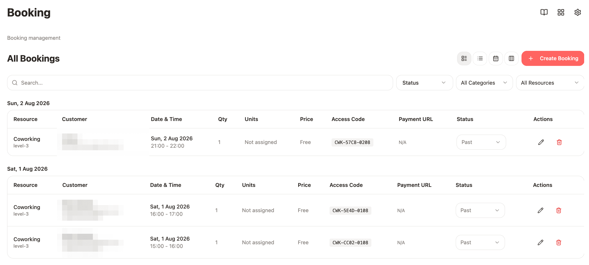 The Booking list: search plus Status, Category and Resource filters, with bookings grouped by day showing the resource, time slot, quantity, price, access code and status.