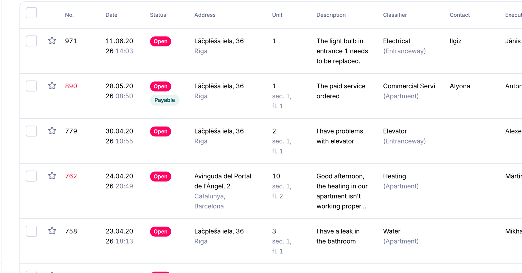 A ticket’s detail view in the Unitify CRM, cropped to the rows that track its status and assignee.
