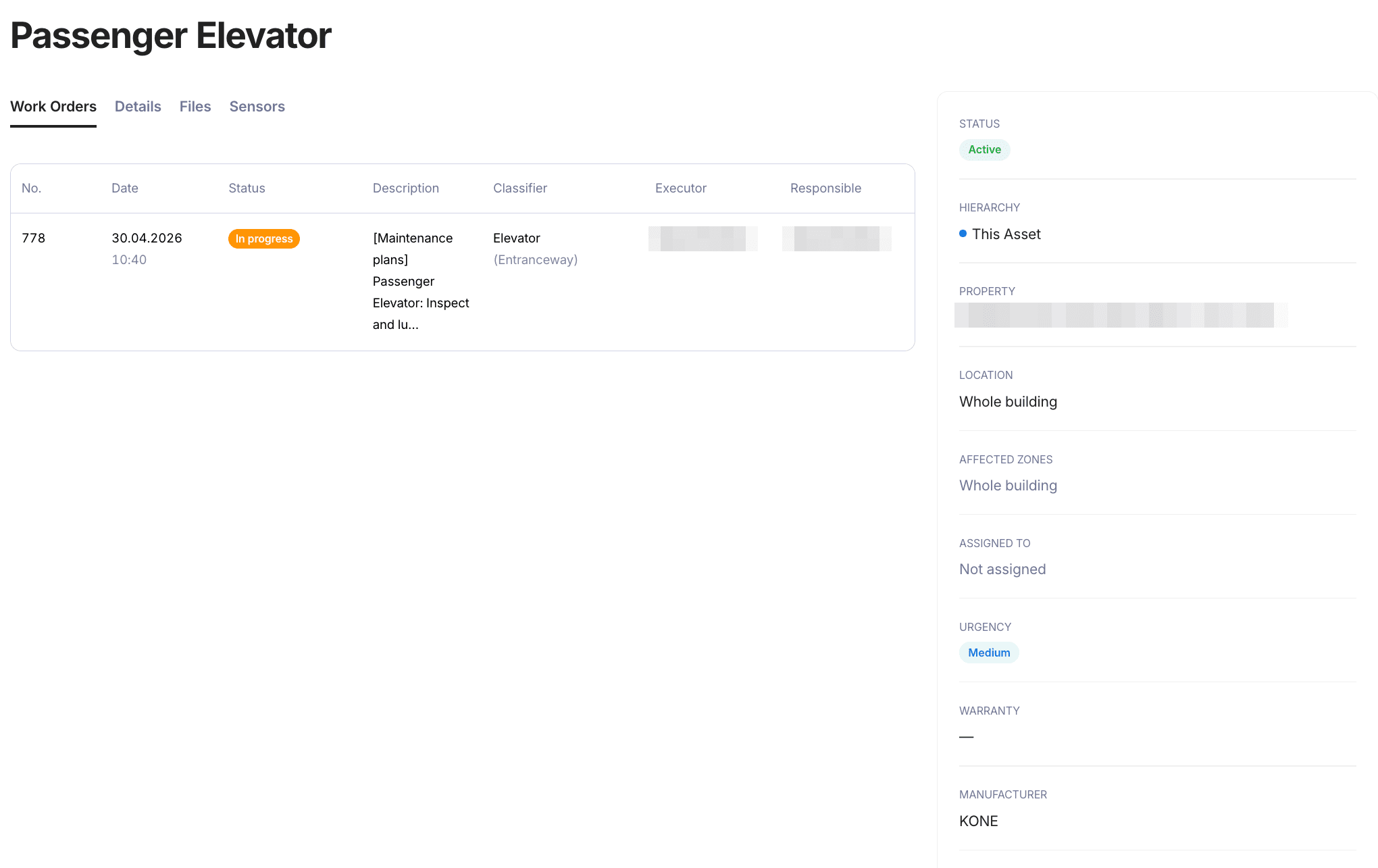 An equipment card for a passenger elevator: Work Orders, Details, Files and Sensors tabs, a work order created from a maintenance plan (status In progress), and status, hierarchy, location, warranty and manufacturer on the right.