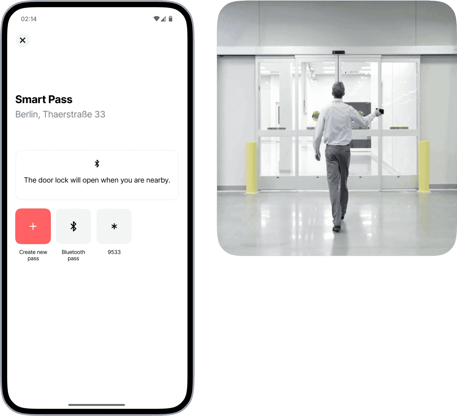 Unitify access control: Smart Pass screen next to a contactless door reader