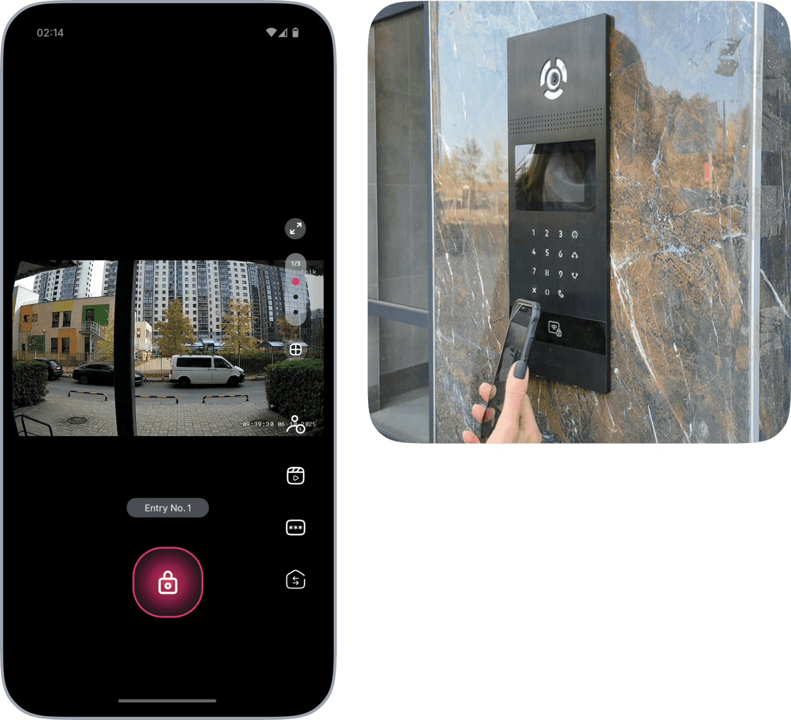 Unitify digital intercom: unlock screen in the resident app next to the intercom panel