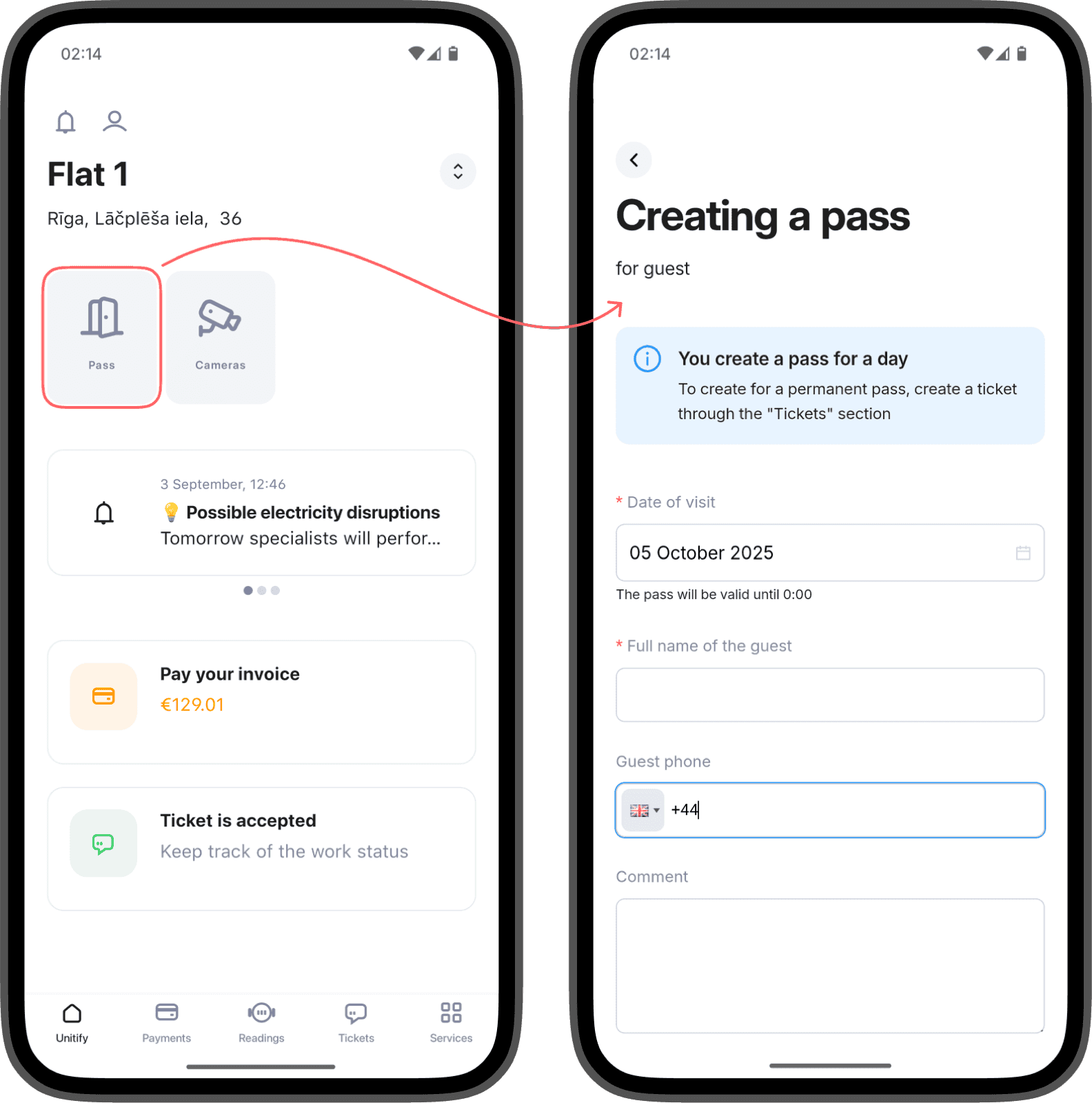 Unitify resident app: home screen with the Pass tab and the guest pass creation flow