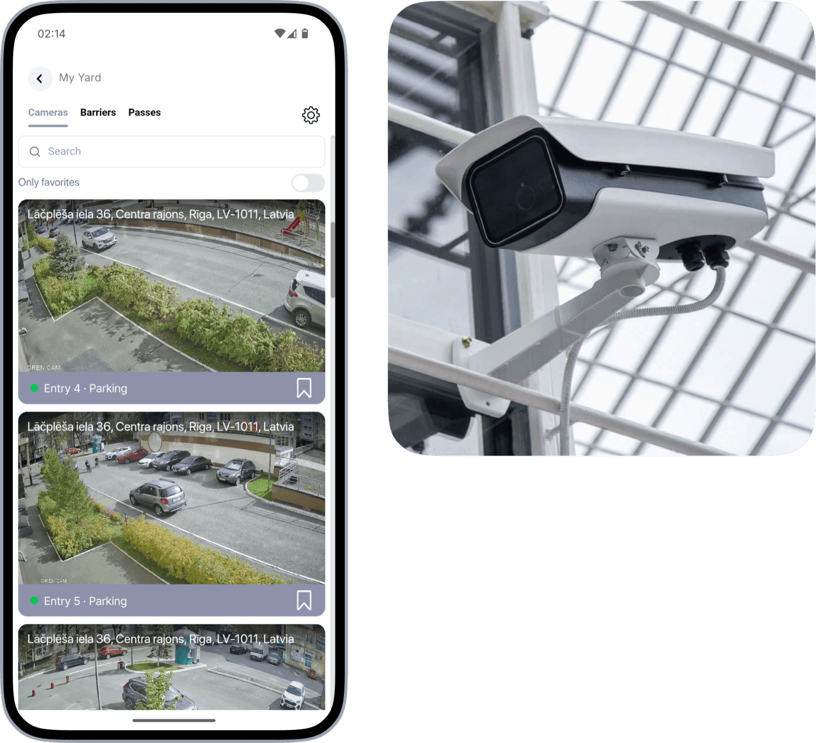 Unitify video surveillance: camera list in the app next to a CCTV camera