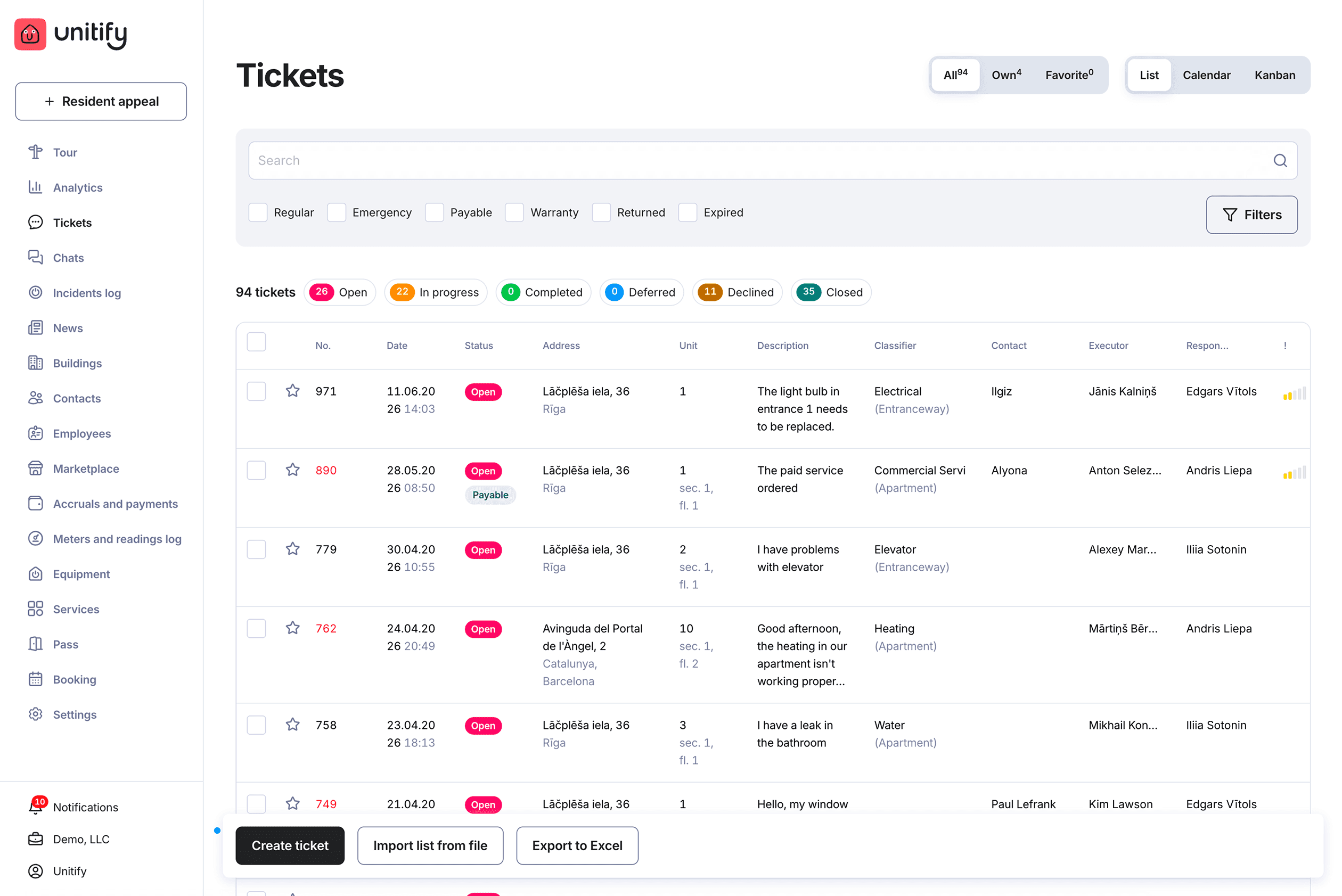 Unitify platform: every request becomes a tracked ticket with status, address and assignee