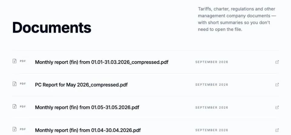 The Documents section of the unitify.homes site of the Edelweiss residents' cooperative (ПК «Эдельвейс»): a list of monthly financial reports as PDF files.