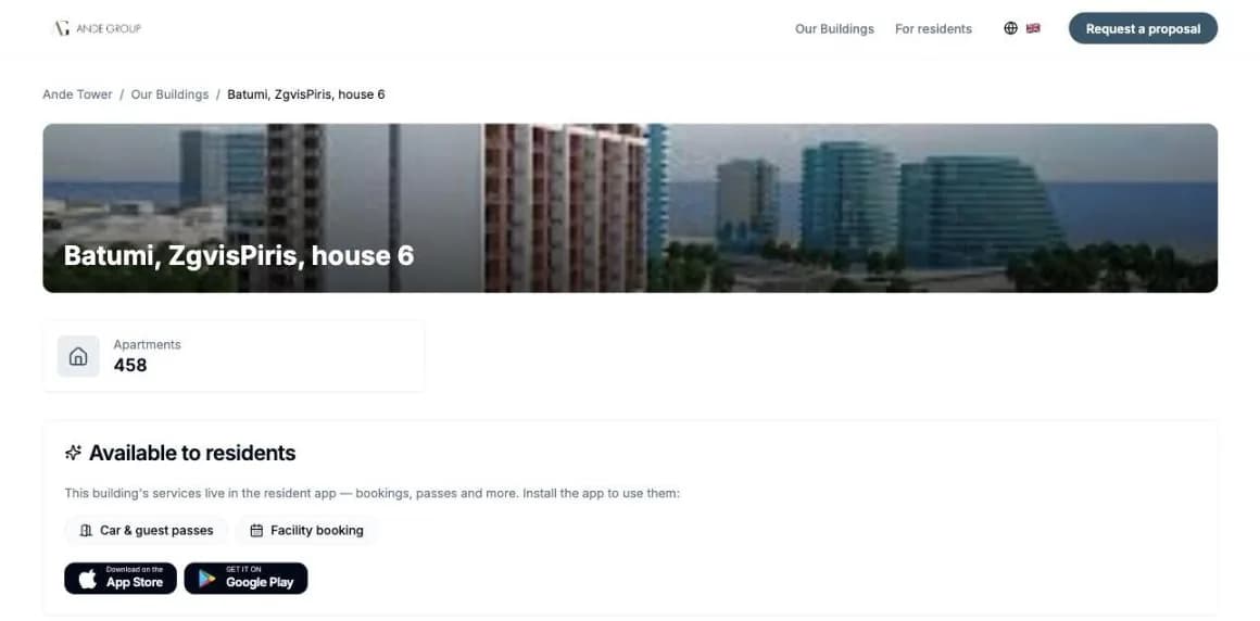 A building page on unitify.homes for Ande Tower in Batumi: apartment count, the services available in the resident app, and App Store and Google Play buttons.
