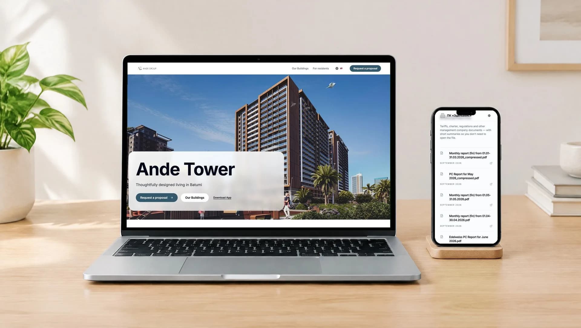 The Ande Tower (Batumi) website on a laptop and the ПК «Эдельвейс» (Almaty) documents page with monthly reports on a phone, both on unitify.homes.